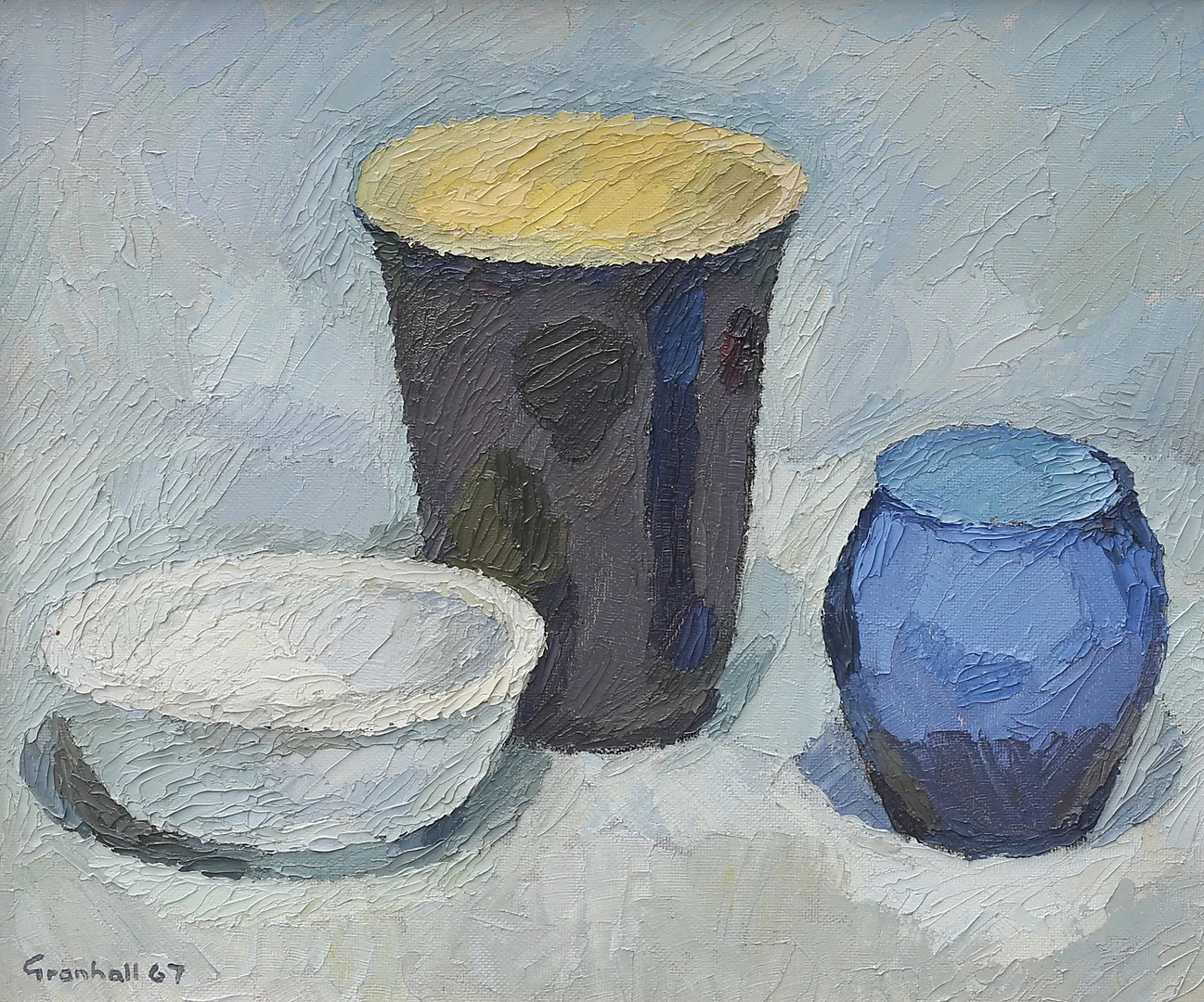 ARNE GRANHALL. "Glas- och keramikformer", olja på pannå, signerad, daterad -67. — Paintings — Växjö Auktionskammare