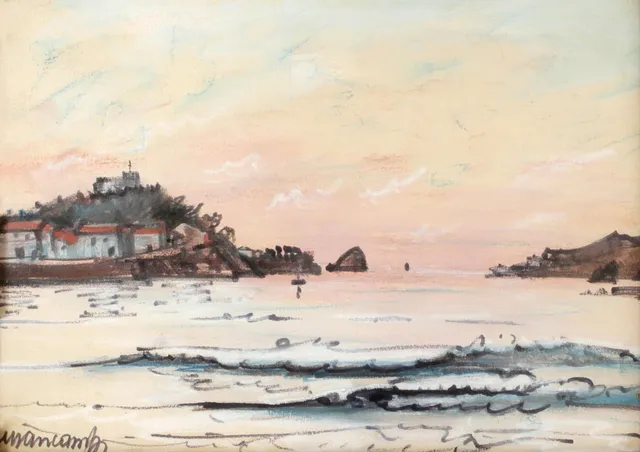 RAFAEL DURANCAMPS. VISTA DE CADAQUÉS, tiza sobre papel. Firmado Durancamps.