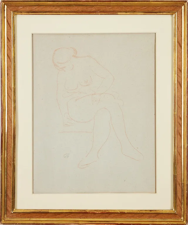 ARISTIDE MAILLOL. Nakenstudie av kvinna, rödkrita på papper, 34 x 26 cm.