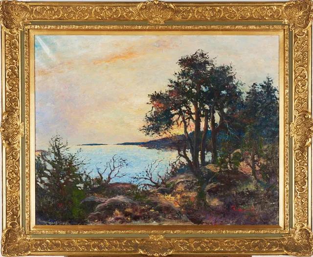 FRANS GARD. Tallar i aftonrodnad, signerad F Gard, olja på duk.