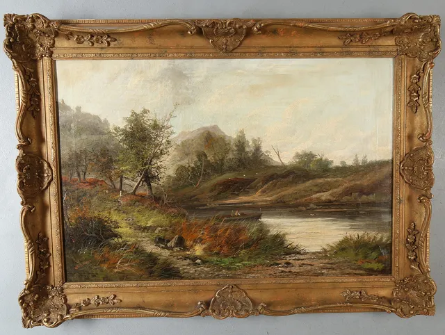 ENGELSK SKOLA. Flodlandskap med två gestalter, olja på duk, tillskriven W. Williams, 1800-tal.