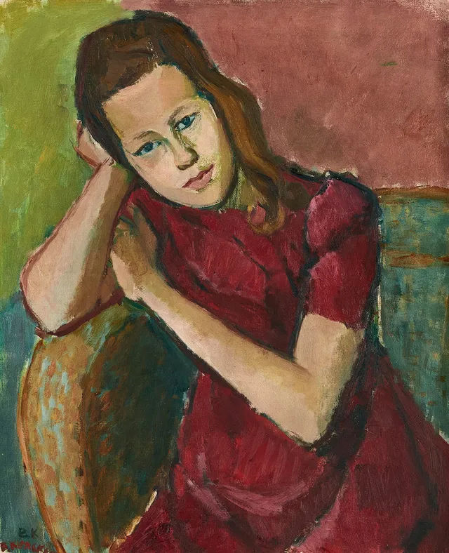 BRITA AF KLERCKER (Lund 1906-2001 Lund). Flicka i rött - Inger 1946, signerad, olja på duk.