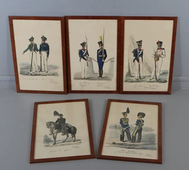 UNIFORMSPLANSCHER, 5 st litografier, efter, Schützercrantz, A., - Wetterling, A. C., - Sjöholm, J. H. Kongl. Svenska arméens uniformer.
