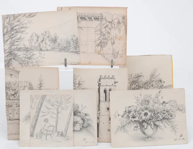 SPANISH SCHOOL, MID 20TH CENTURY. View of Sant Sadurní de Collsabadell, gardens and vases.