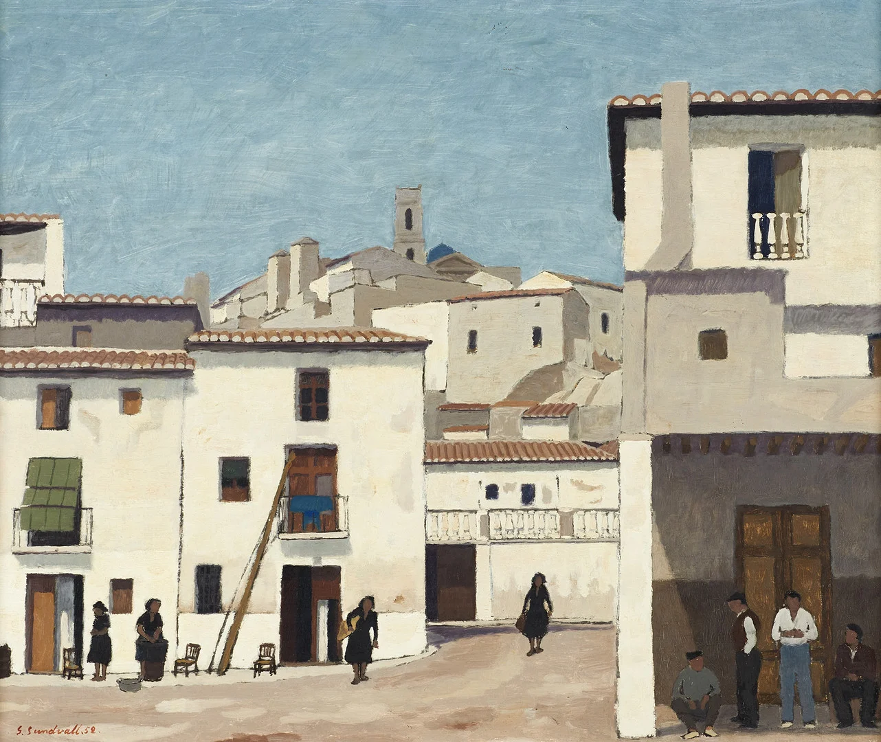 GÖSTA SUNDVALL (Stockholm 1900-1957 Stockholm), "Fisktorget", signerad och daterad -52, olja på pannå. — Paintings — Crafoord Auktioner Stockholm
