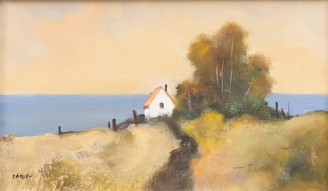 MALTE SÄRLÖV. Kustlandskap med hus, olja på duk, signerad.