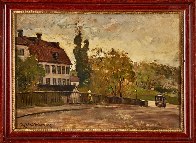 REINHOLD NORSTEDT. Gamla Djurgårdsbron med Pontinska huset, olja på pannå, 23x33 cm.