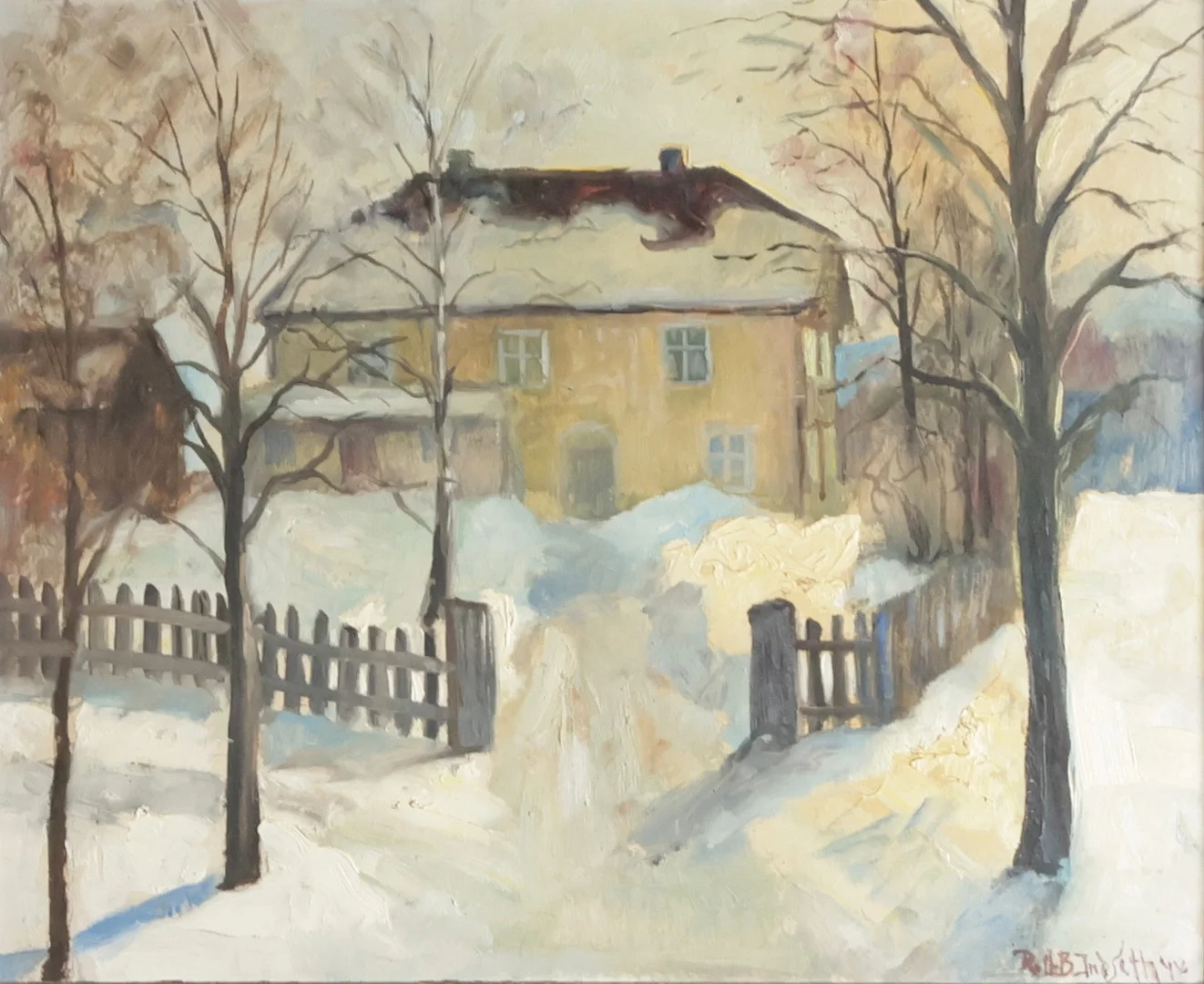 ROLF BUCHMANN INDSETH (1900-1951). Uden titel. Vinterparti med gult hus, olie på plade. Sign. Rolf B. Indseth, 44. — Paintings — Woxholt Auktioner