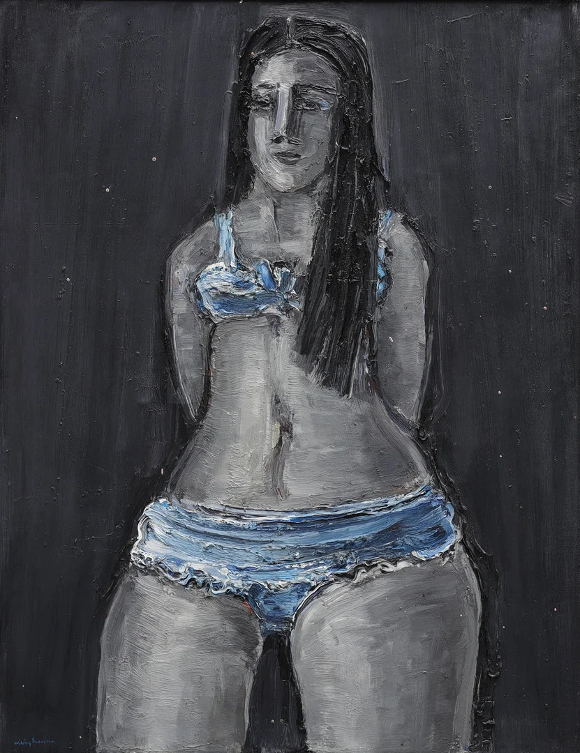 WIKING SVENSSON. olja på duk, kvinna i blå underkläder, signerad. — Paintings — Auktionsmagasinet Vänersborg