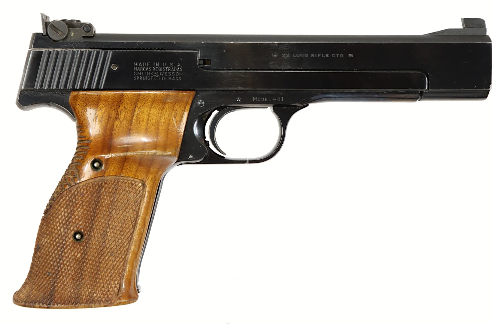 PISTOL, Halvautomatisk, fabrikat Smith & Wesson, modell 41, kaliber .22LR, tillv.nr 114535, se-nr SE0544780. — Pistols — Walter Borg