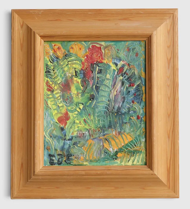 Uden titel. Abstrakt komposition, olie på lærred. Ubekendt dansk maler, sign. og dateret, "Eje, 1983". Danmark.