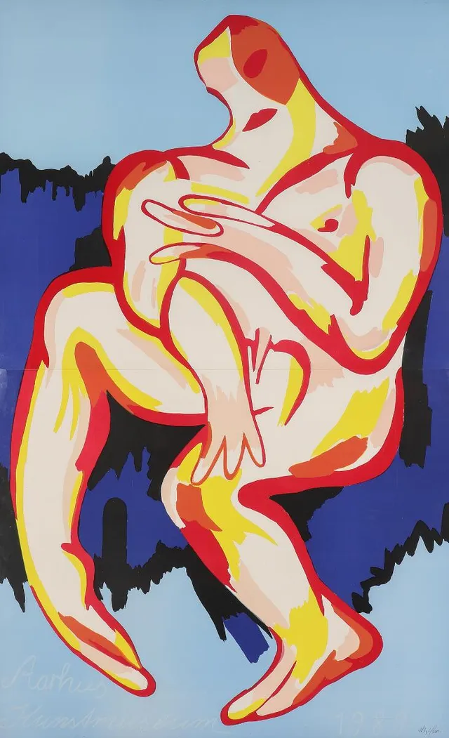 Exhibitionposter from Aarhus Kunstmuseum, 1989. Signed Wiig Hansen. Lithographic two-part exhibitionposter. Visible size 179×110 cm.