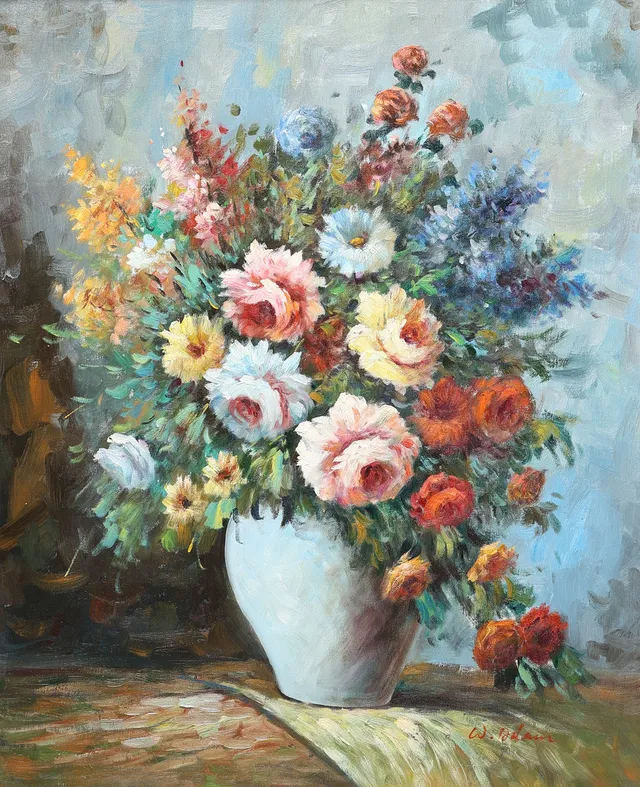 WALTER ADAMS. Olja på duk, blomsterstilleben, signerad.