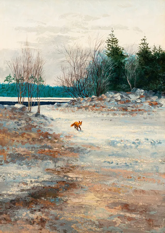 ULF ÅLUND. Räv i vinterlandskap, signerad U. Åund.