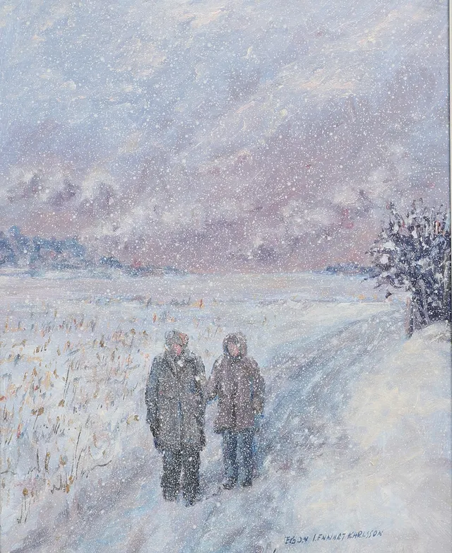 EGON LENNART KARLSSON. Olja på pannå, "En dag i vintras", signerad.