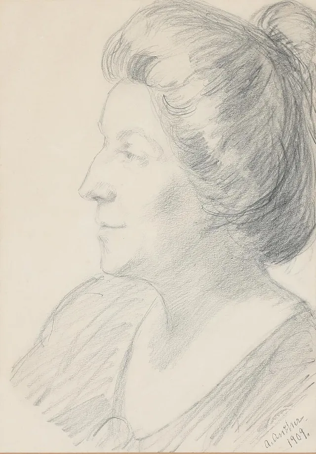 Portrait of Henny Brodersen in profile. Signed and dated A. Ancher 1909. Pencil on paper. Sheet size 25×18 cm.