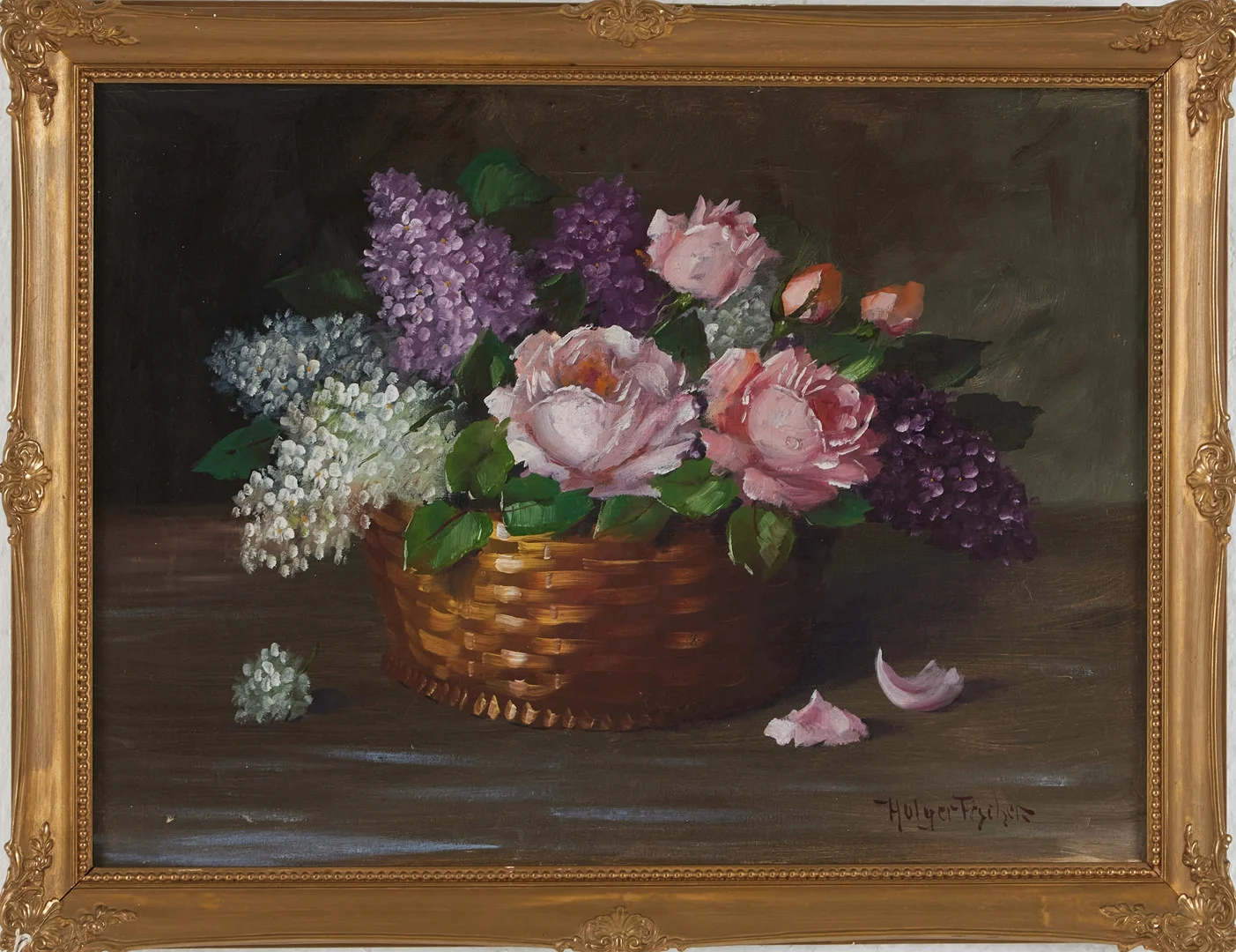 CARL HOLGER FISCHER. Syrener och rosor i korg. — Paintings — Stockholms Auktionsverk Magasin 5