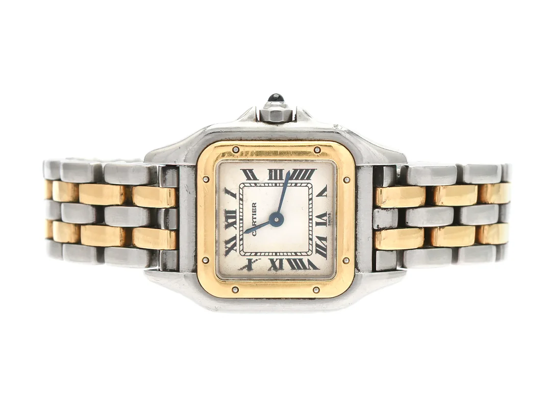 CARTIER, Panthère, Cal 157, Boett nr. 1120 / PL21752, damur, 21,5 x 21,5 (30) mm, stål/guld, quartz, safirglas (skadat), skadad urtavla, originallänk (skadad, 2-radig), viklås, ca 1995. — Klockor/Cartier — Kaplans