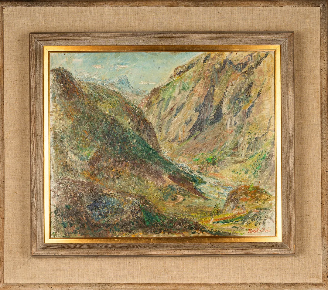 FOLKE RICKLUND. Olja på pannå, "Från Rombaksbotn, Norge", Signerad. — Paintings — Norrlands Auktionsverk