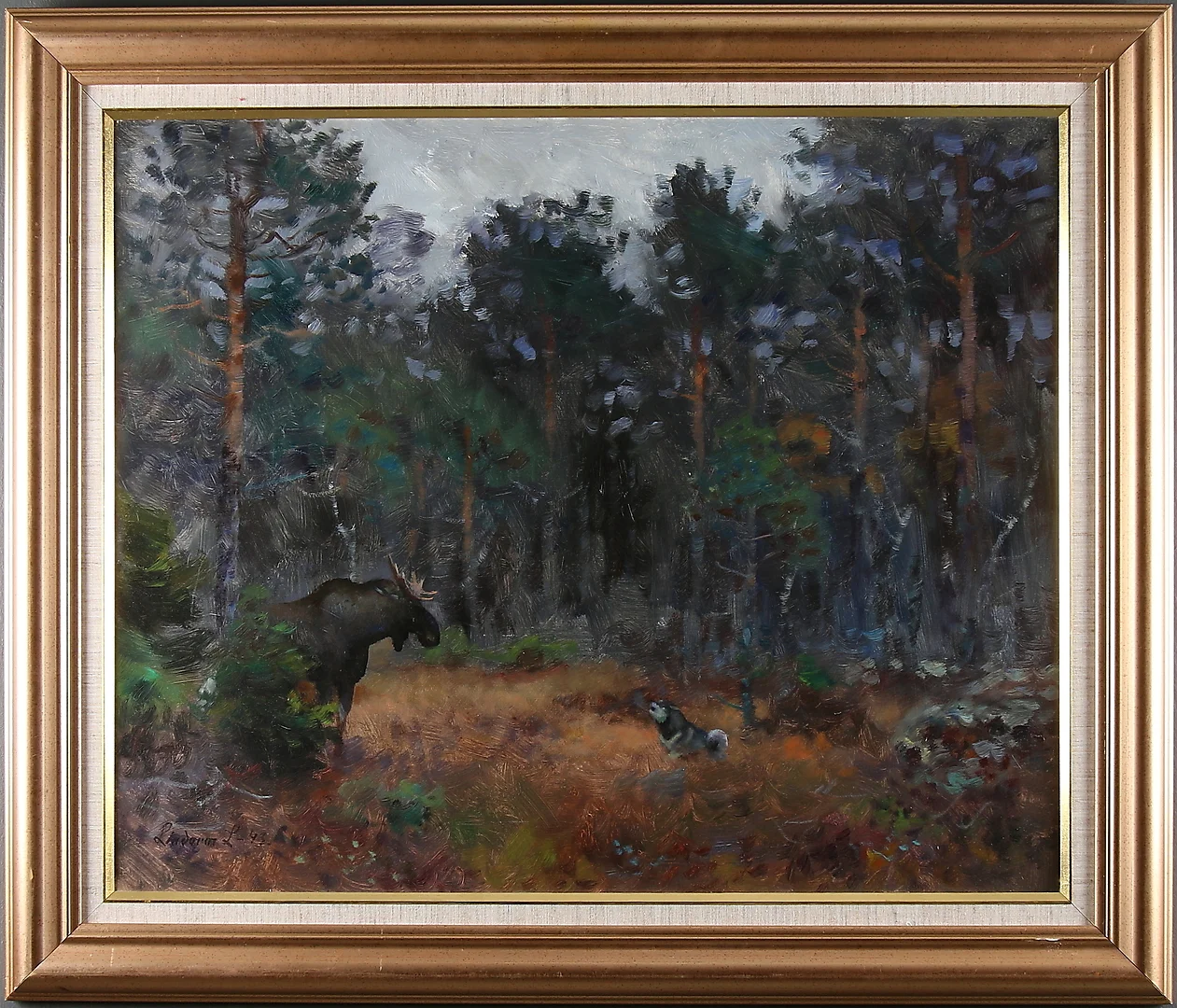 LINDORM LILJEFORS. Älg med ställande hund, olja på pannå, signerad och daterad -43. — Paintings — Stadsauktion Sundsvall