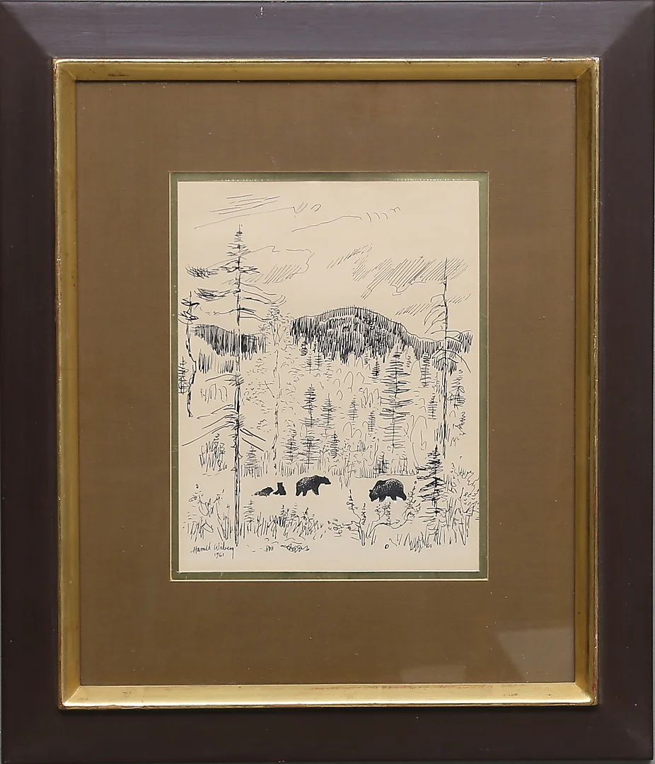 HARALD WIBERG. Björnar i skogslandskap. Tuschteckning. Signerad. — Drawings — Gomér & Andersson Linköping