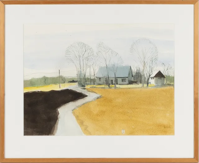 HÅKAN NYBERG. Landskap med hus, akvarell på papper, monogramsignerad HN 01.