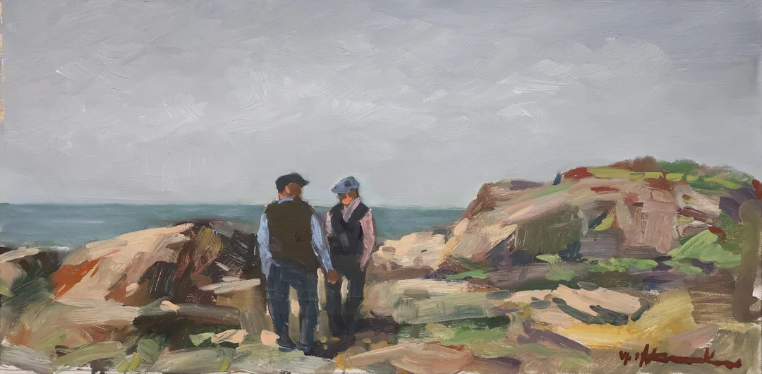 UNO HUBERT KARLSSON. olja på duk, gubbar vid klippkust. — Paintings — Markus Auktioner