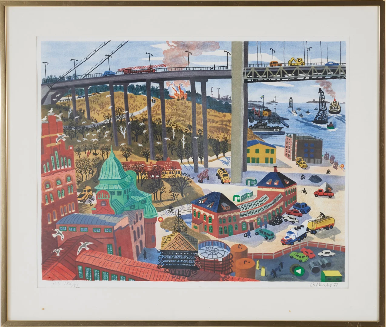 MONA HUSS WALIN. Älvsborgsbron, Röda sten, färglitografi, signerad, -77, HC IXX /VL. — Engravings & Prints — Stockholms Auktionsverk Magasin 5