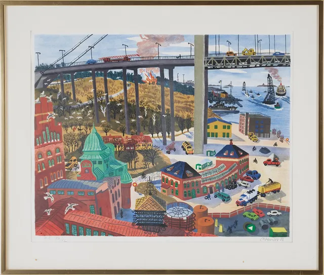 MONA HUSS WALIN. Älvsborgsbron, Röda sten, färglitografi, signerad, -77, HC IXX /VL.
