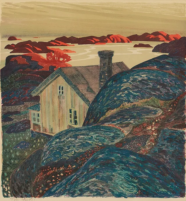 ROLAND SVENSSON (1910-2003): "Höstkväll, Stora Nassa", 1948, signerad roland S, 107/350, färglitografi.
