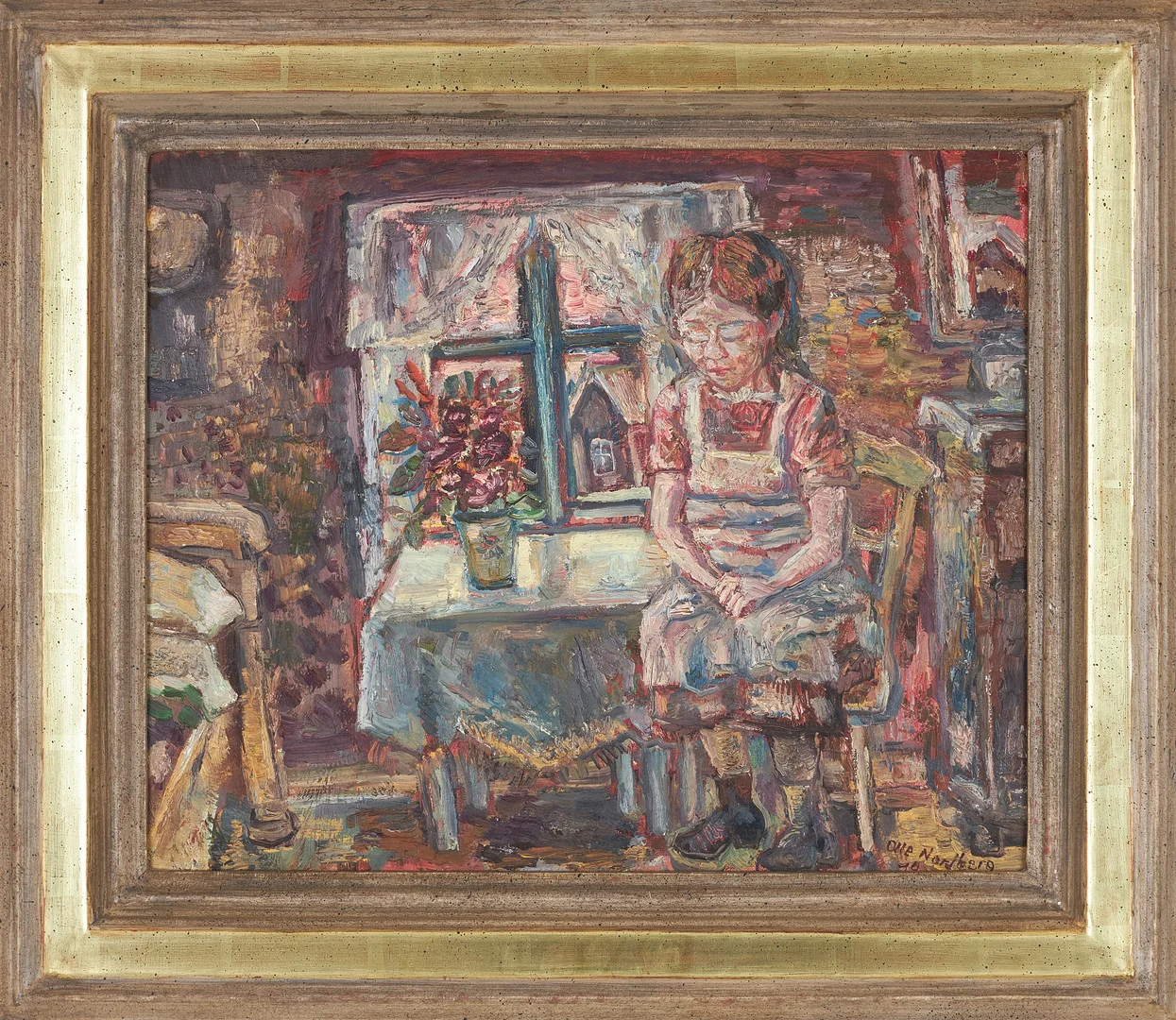 OLLE NORDBERG. Interiör med kvinna på stol, olja på pannå, signerad och daterad 79. — Paintings — Stockholms Auktionsverk Sickla