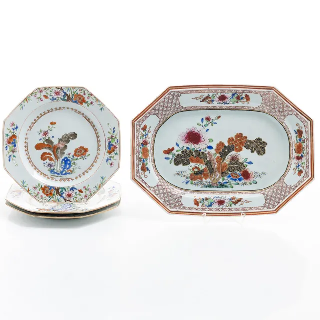 Fat samt tallrikar, tre stycken, porslin. Qingdynastin, Qianlong (1736-95).