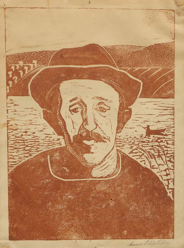 ANNA SAHLSTRÖM. Man med hatt, träsnitt, signerad.