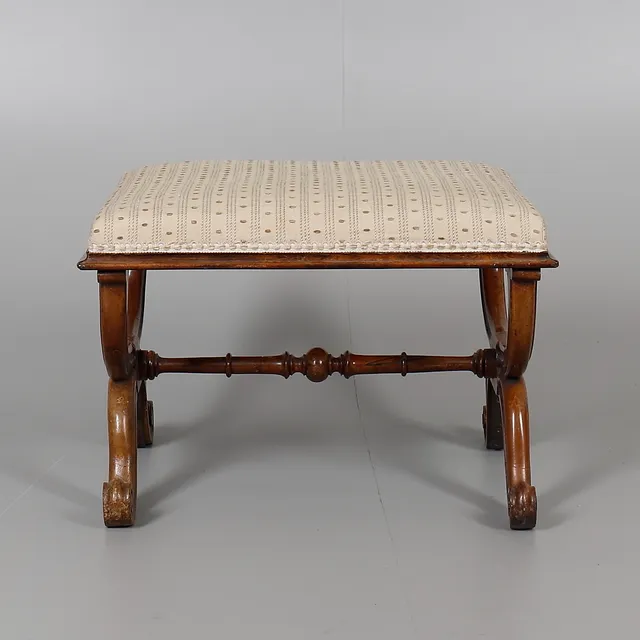 A VICTORIAN CARVED ROSEWOOD AND UPHOLSTERED X-FRAME STOOL.