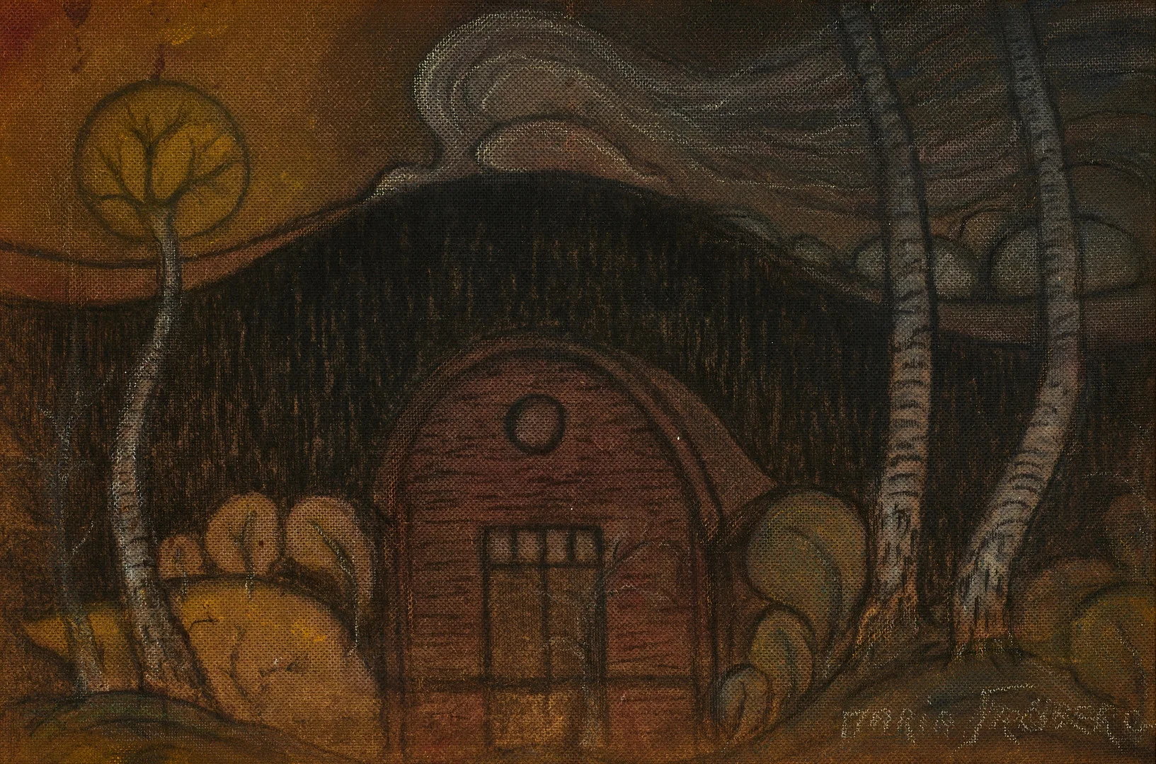 MARIA FRÖBERG (Västerås 1886-1962 Eskilstuna). Landskap med hus, signerad Maria Fröberg, olja/blandteknik på pannå. — Paintings — Crafoord Auktioner Stockholm