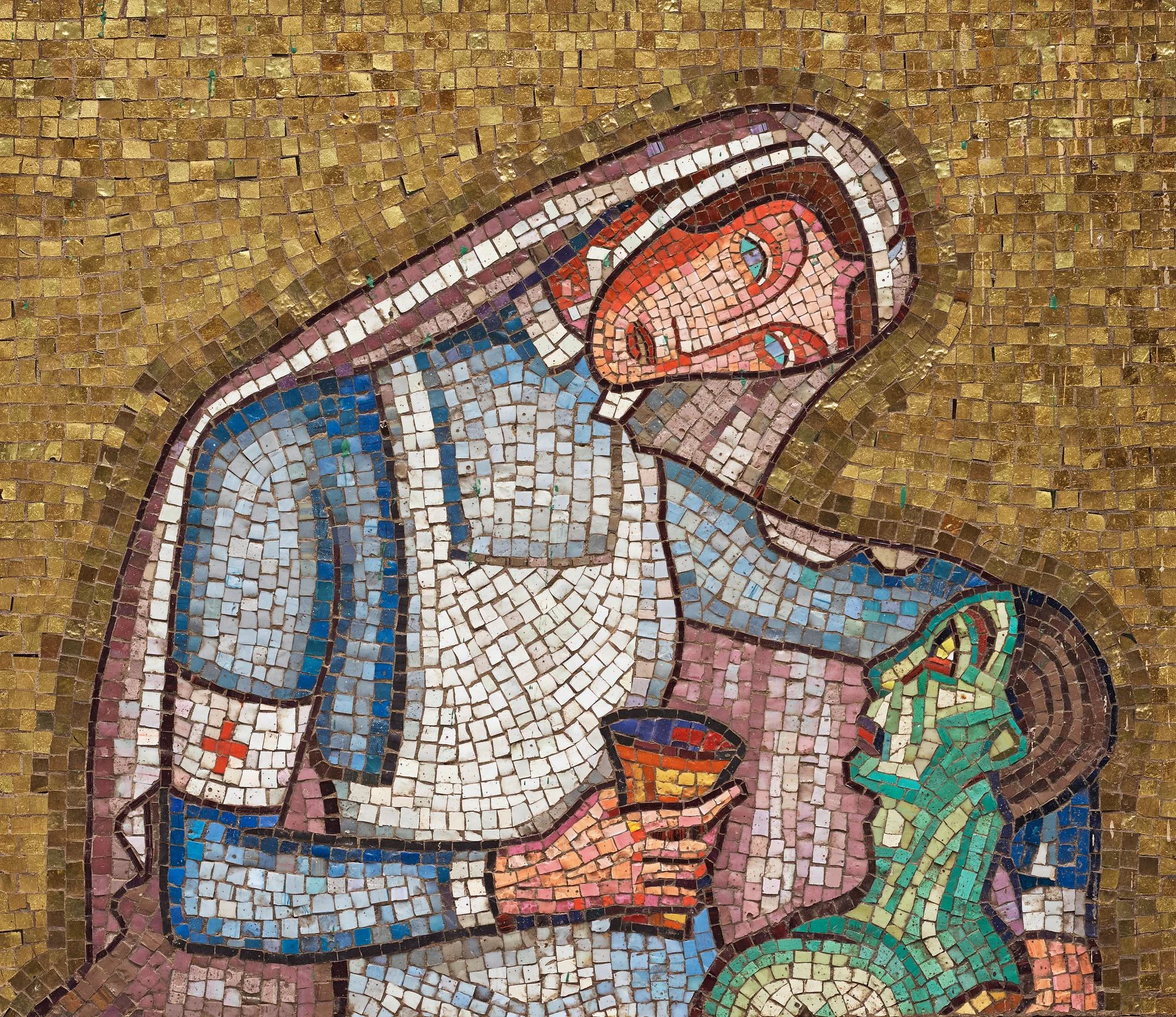 Einar Forseth, mosaik, " Barmhärtigheten", sannolikt originalstudie formgiven för den Gyllene Salen Stockholms Stadshus. ca 1921-22. — Bukowskis