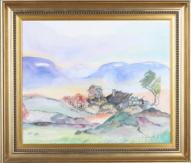 SOLVEIG HAMMARSTEDT. akvarell, "Äntligen ensamma", signerad.