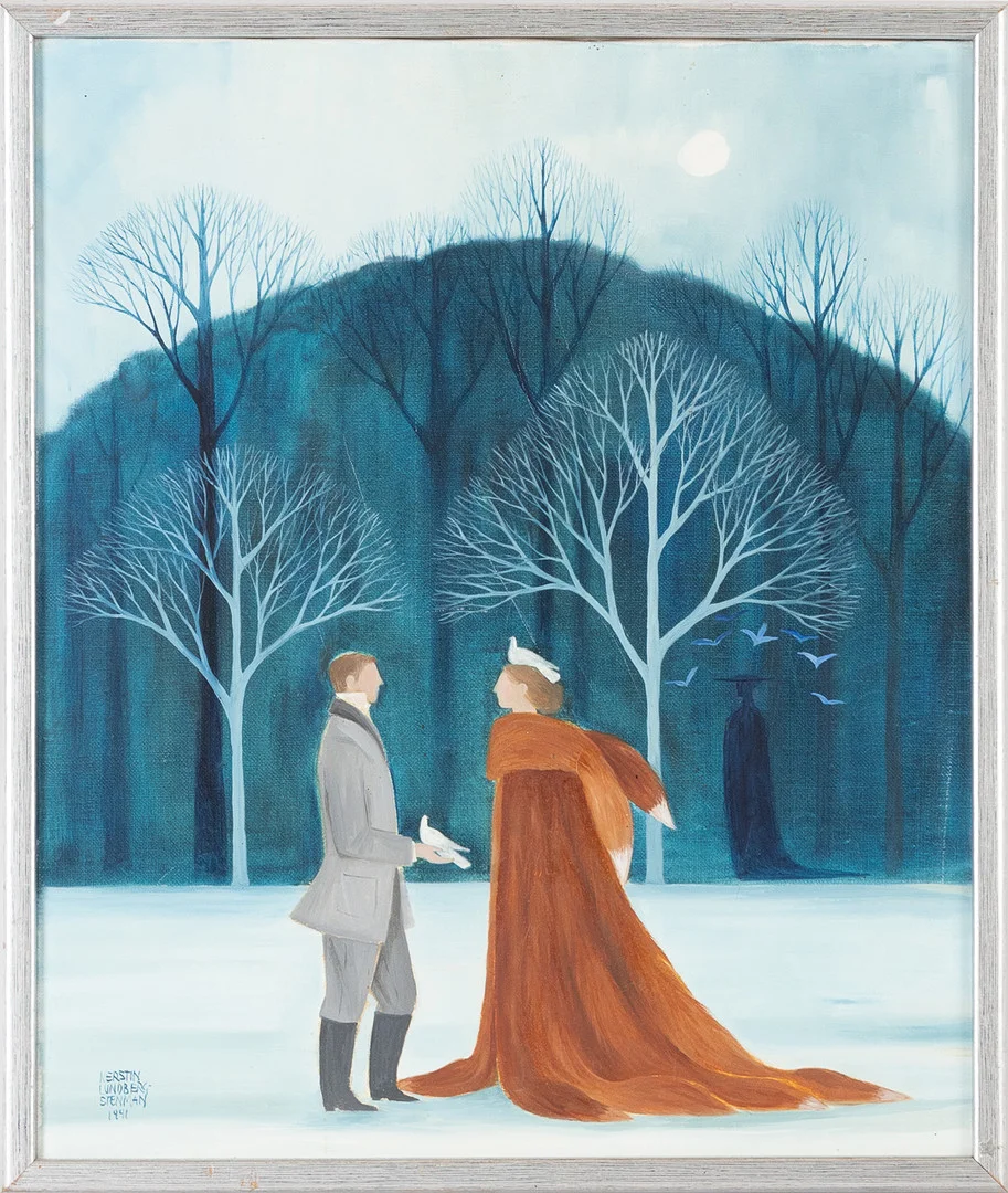 KERSTIN LUNDBERG STENMAN (1926-2007). Figurscen med duvor, olja på duk. — Paintings — Stockholms Auktionsverk Helsingborg
