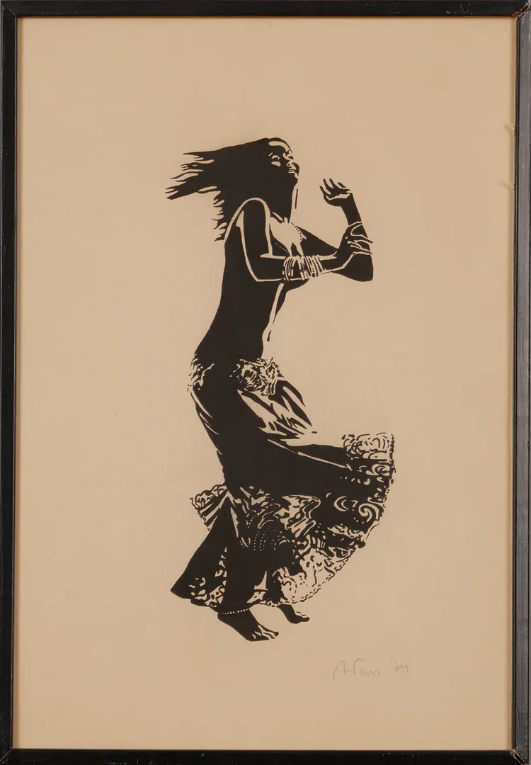 OIDENTIFIERAD KONSTNÄR. Dansös, siluett, grafiskt tryck, signerad. — Engravings & Prints — Auktionsfirma Kenneth Svensson i Kalmar