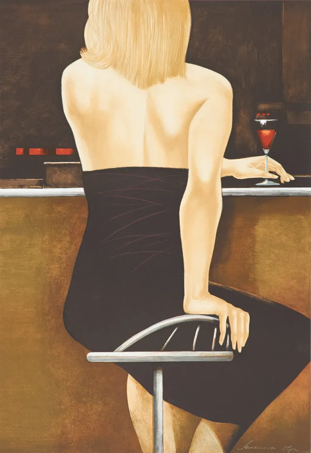OLGA SEMENOVA. Kvinna i baren, färglitografi, signerad.