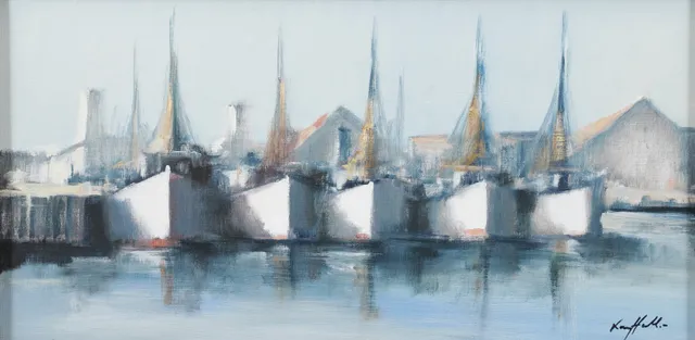 LARS HALL. Båtar i hamn, olja på duk, signerad.