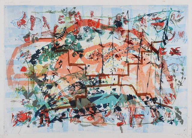 “Ørnen”. Signed Per Kirkeby 75, E.A. Lithograph in colours. Sheet size 45×62 cm. Unframed.