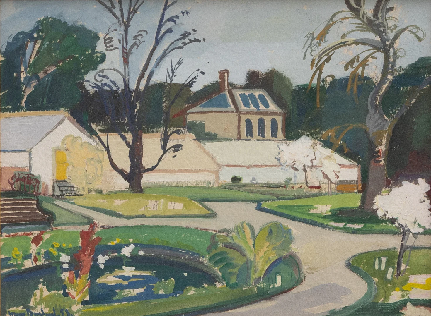 GUNNAR BERGLUND (1906-1992). Botaniska trädgården, Lund, signerad och daterad -53. — Paintings — Garpenhus Auktioner