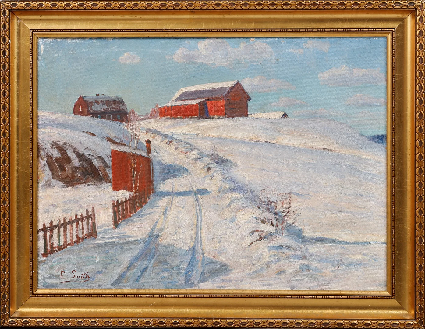 ERNST SMITH. Gård i vinterlandskap, olja på duk, signerad. — Paintings — Göteborgs Auktionsverk