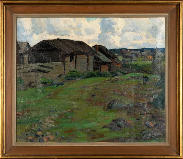 ARON GERLE. Olja på duk, Landskap med hus, Signerad 1900-tal.