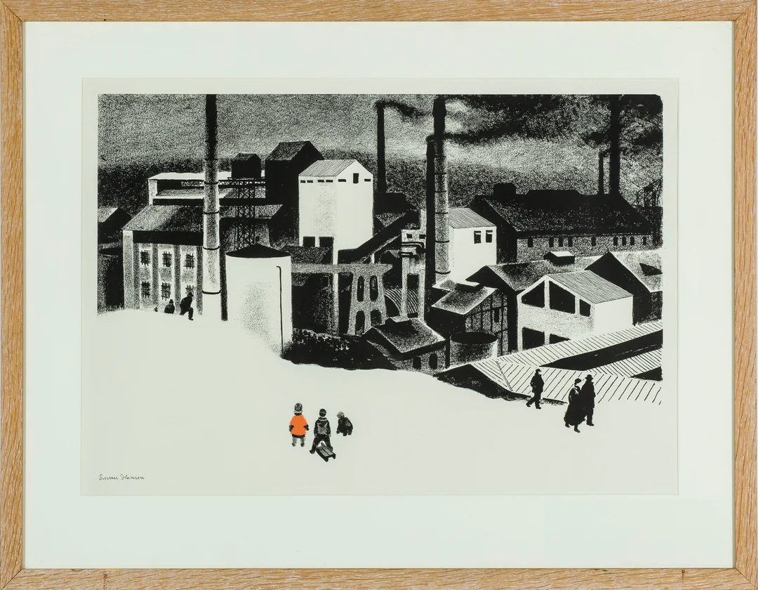Hansen, Aage Sikker — Barn ved fabrikken — Kunst/Grafikk — Blomqvist