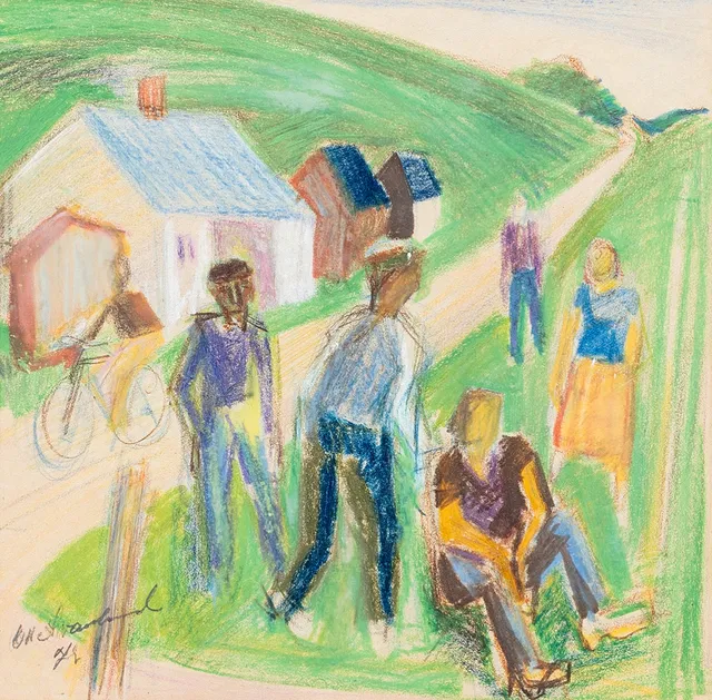 OLLE SVANLUND. Landskap med figurer, pastell, signerad, samt daterad.