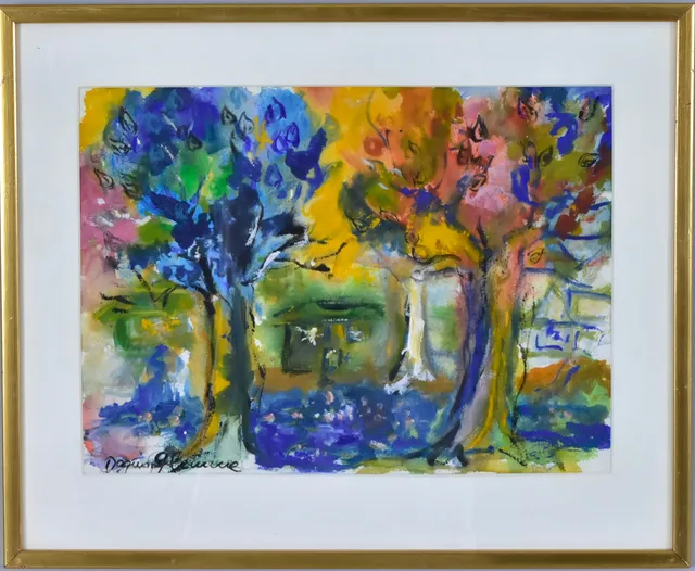 DAGMAR GLEMME. gouache, trädgårdsbild.