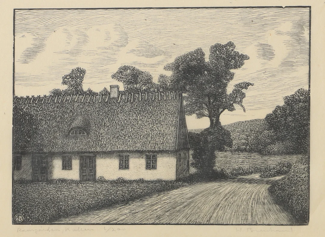 WALDERMAR BERNHARD. "Ransgården, Kullen", träsnitt, signerad. — Engravings & Prints — Helsingborgs Auktionskammare