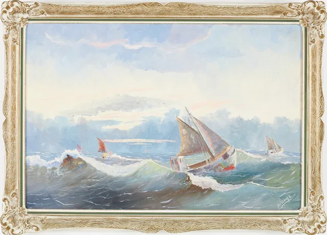 EINAR BRISSMYR. Hav med fartyg, olja på duk, signerad.